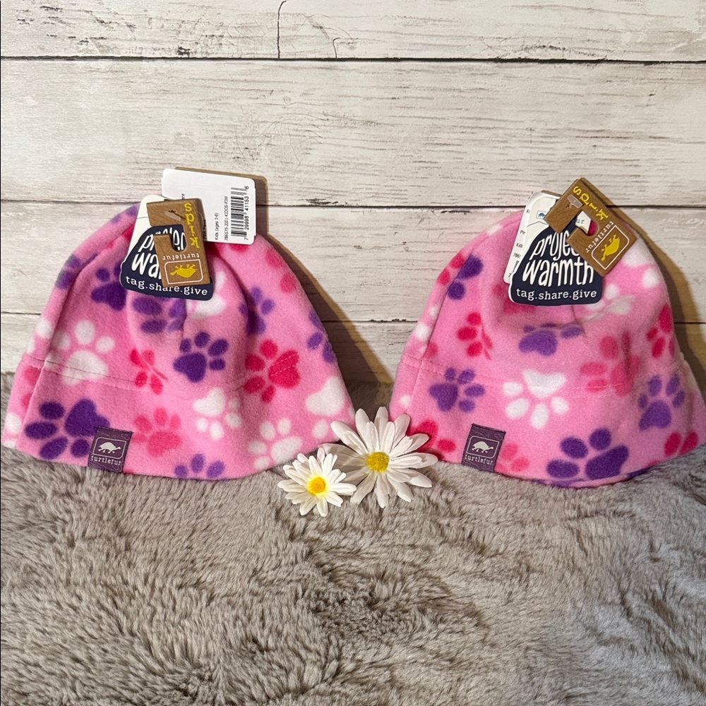 Turtlefur Pink and Purple Paw Print Kids Fleece Beanie, Ages 3-6
